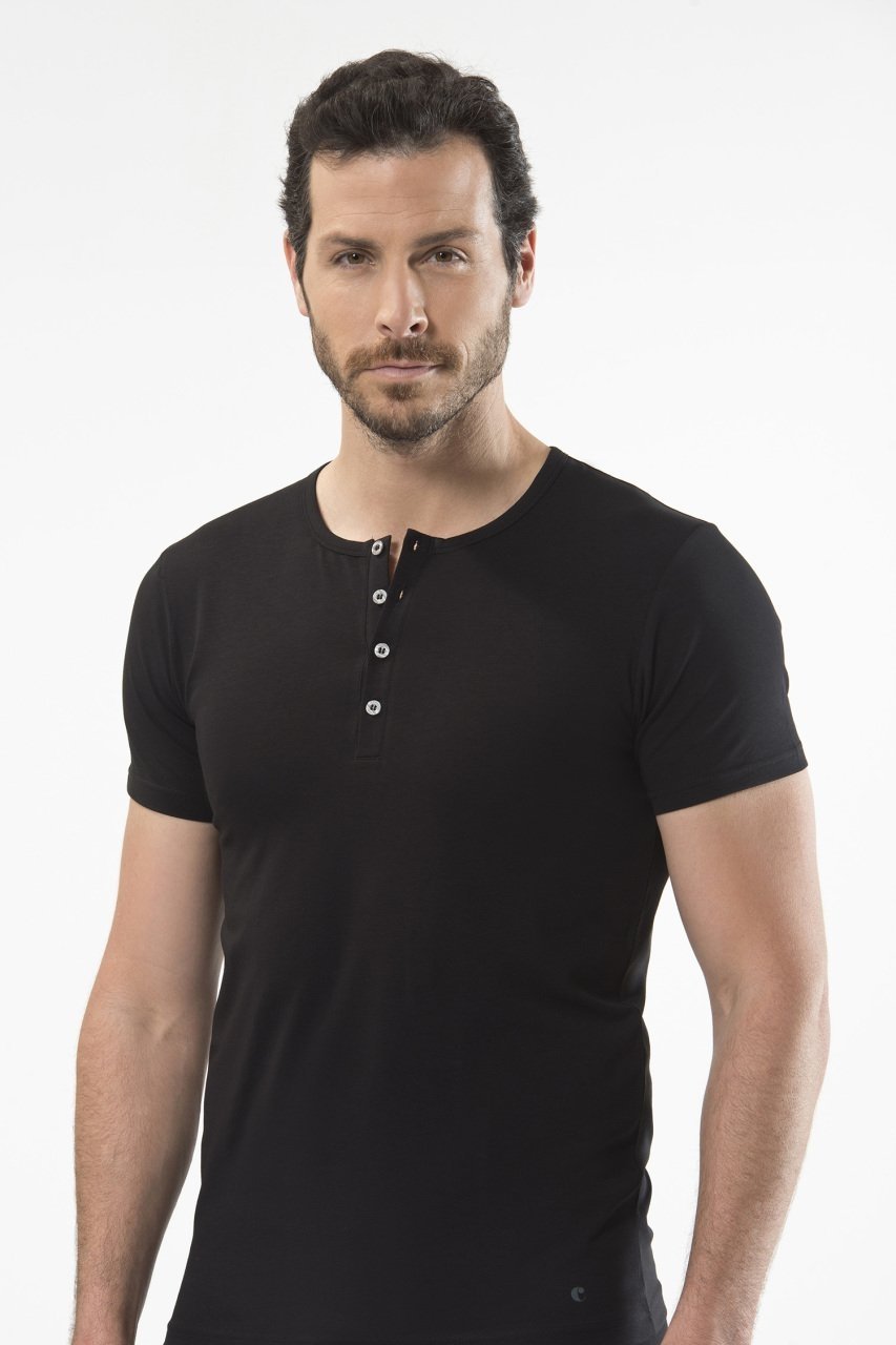 Düğmeli Kısa Kollu T-Shirt Siyah Cacharel 1308 - Siyah