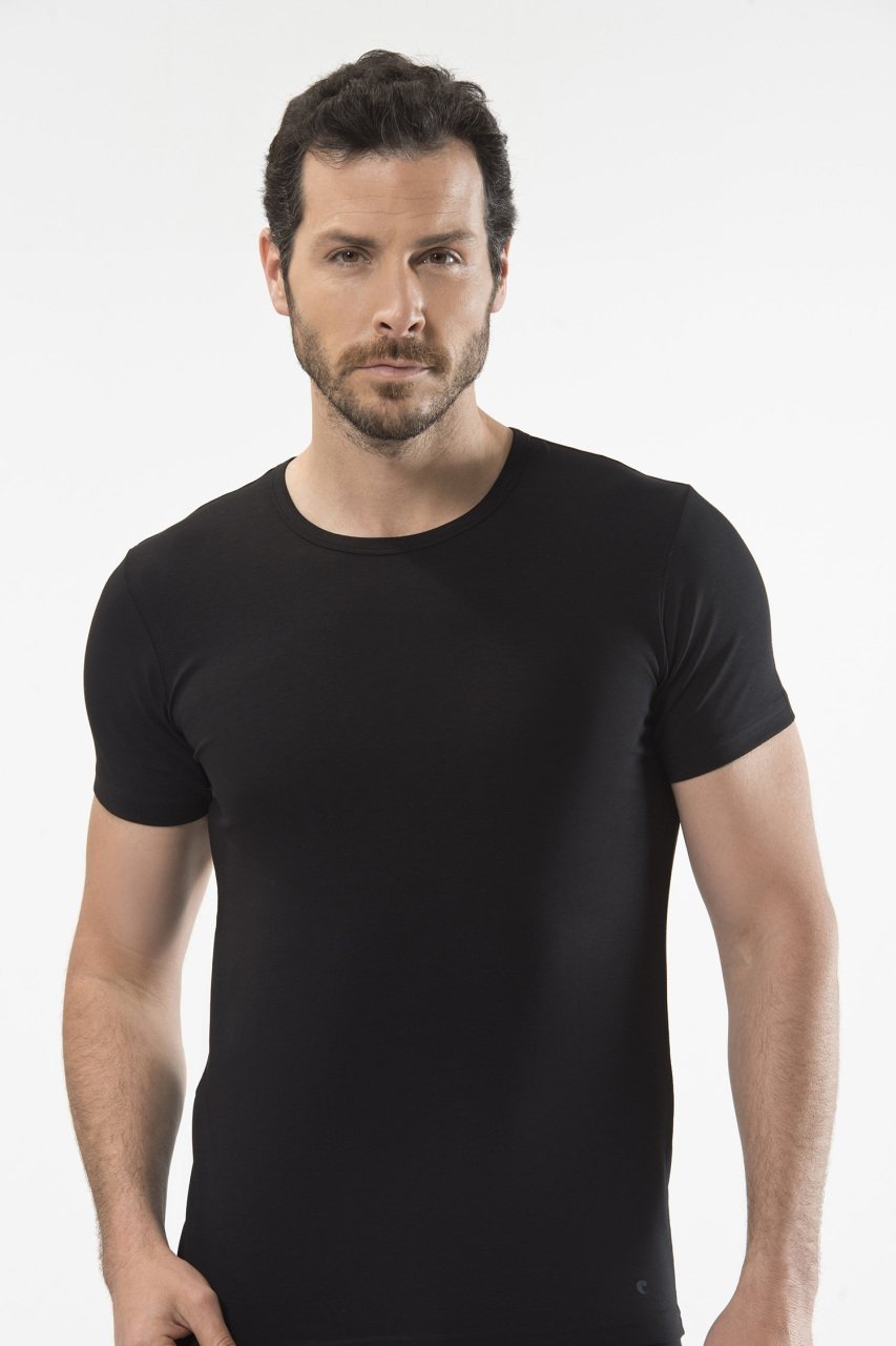 Pamuklu Ribana O Yaka Kısa Kollu T-Shirt Cacharel 1305 - Siyah