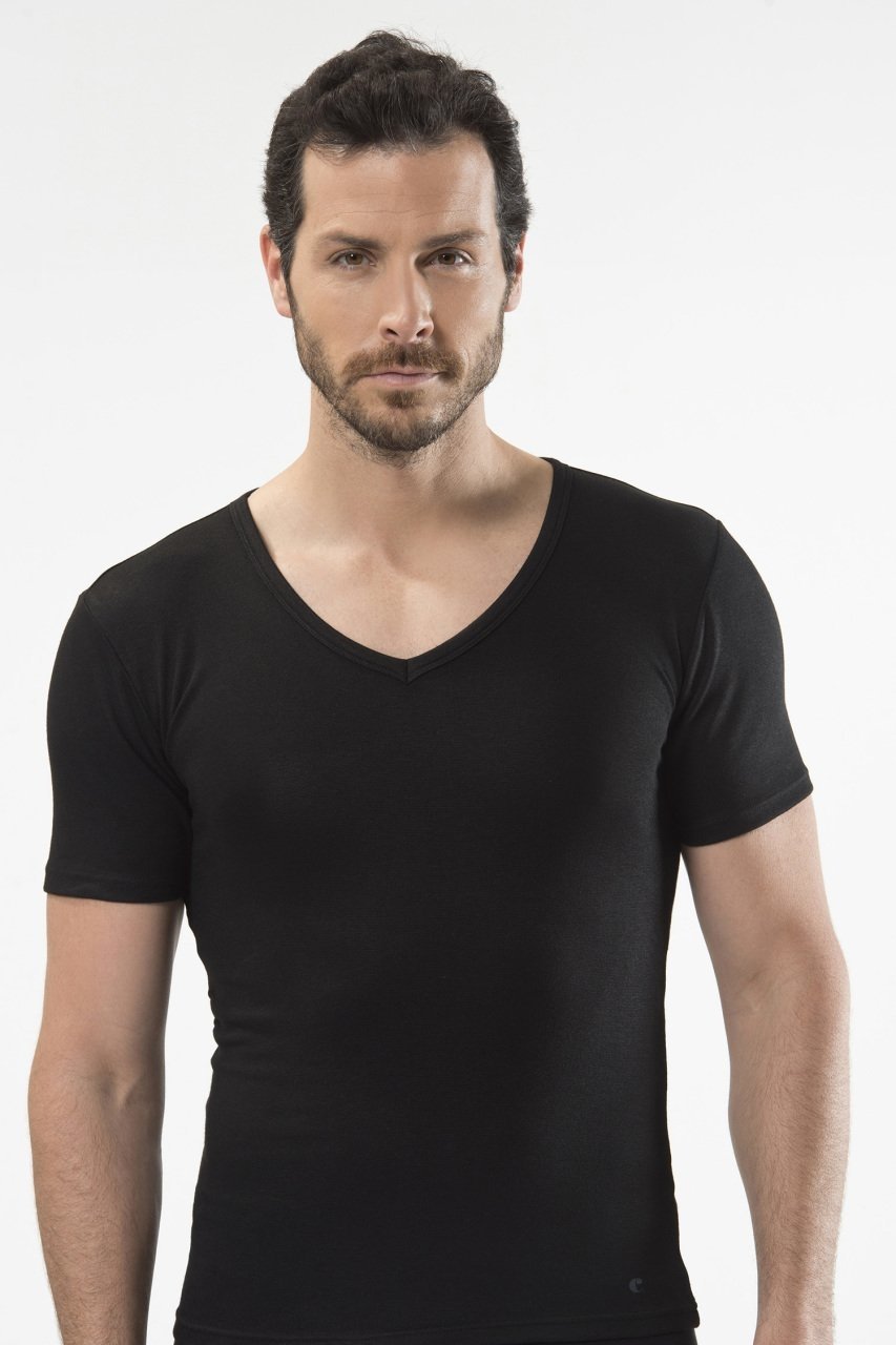 Termal Kısa Kol V Yaka Siyah T-Shirt Cacharel 1602 - Siyah