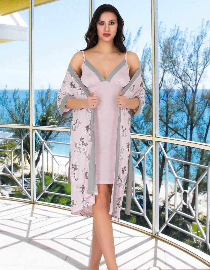 Çiçek Desenli Uzun Kuşaklı Sabahlık Pijama Takımı Lady 552 - Görsel
