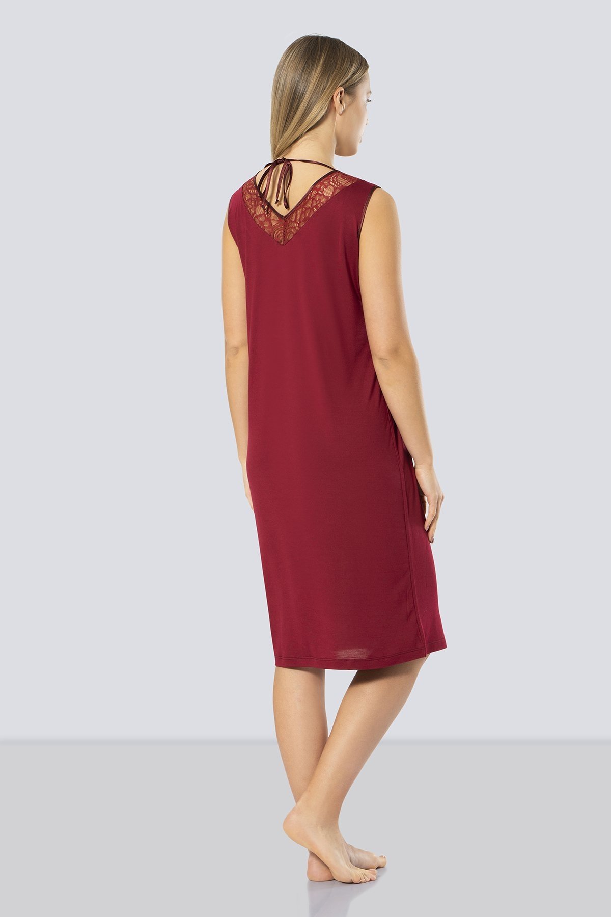 Dantelli V Yaka Gecelik Bordo Türen 3285 - Bordo