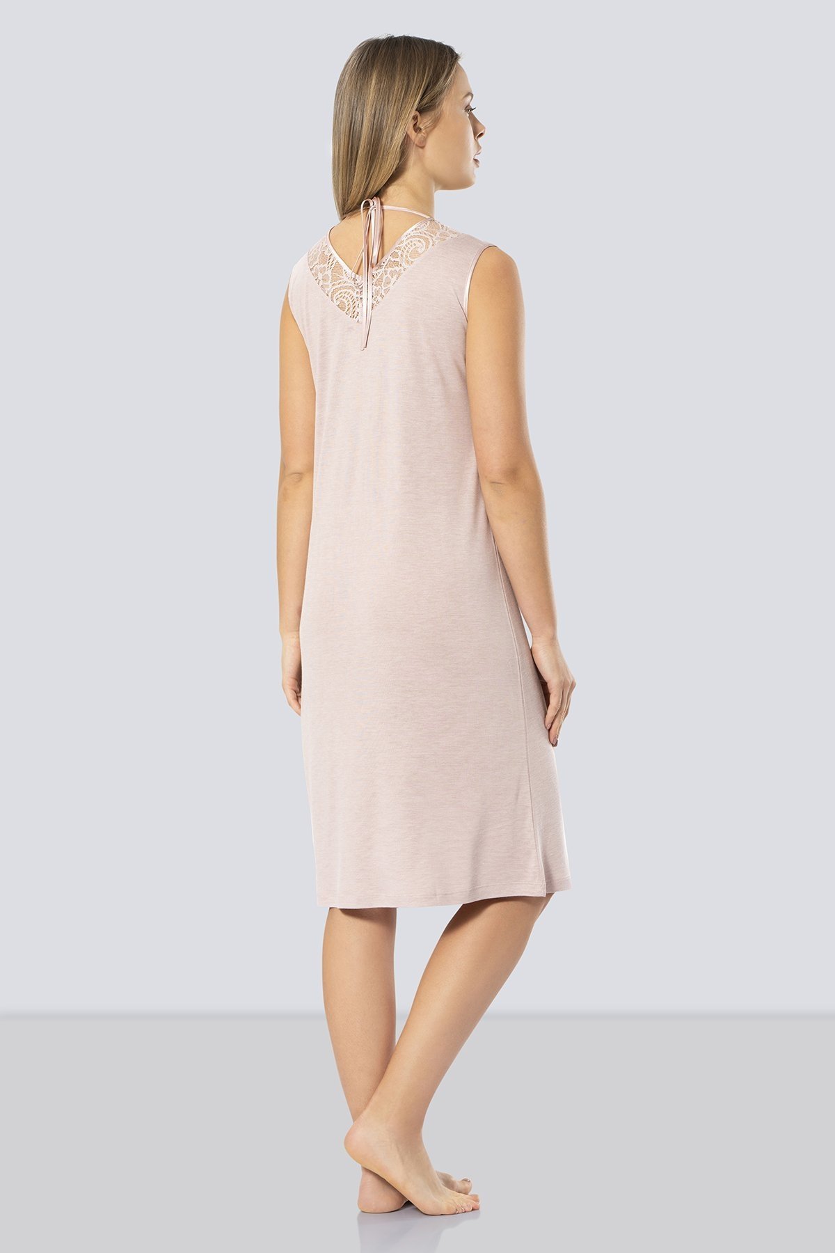 Dantelli V Yaka Gecelik Viskon Polyester Türen 3285 - Pudra