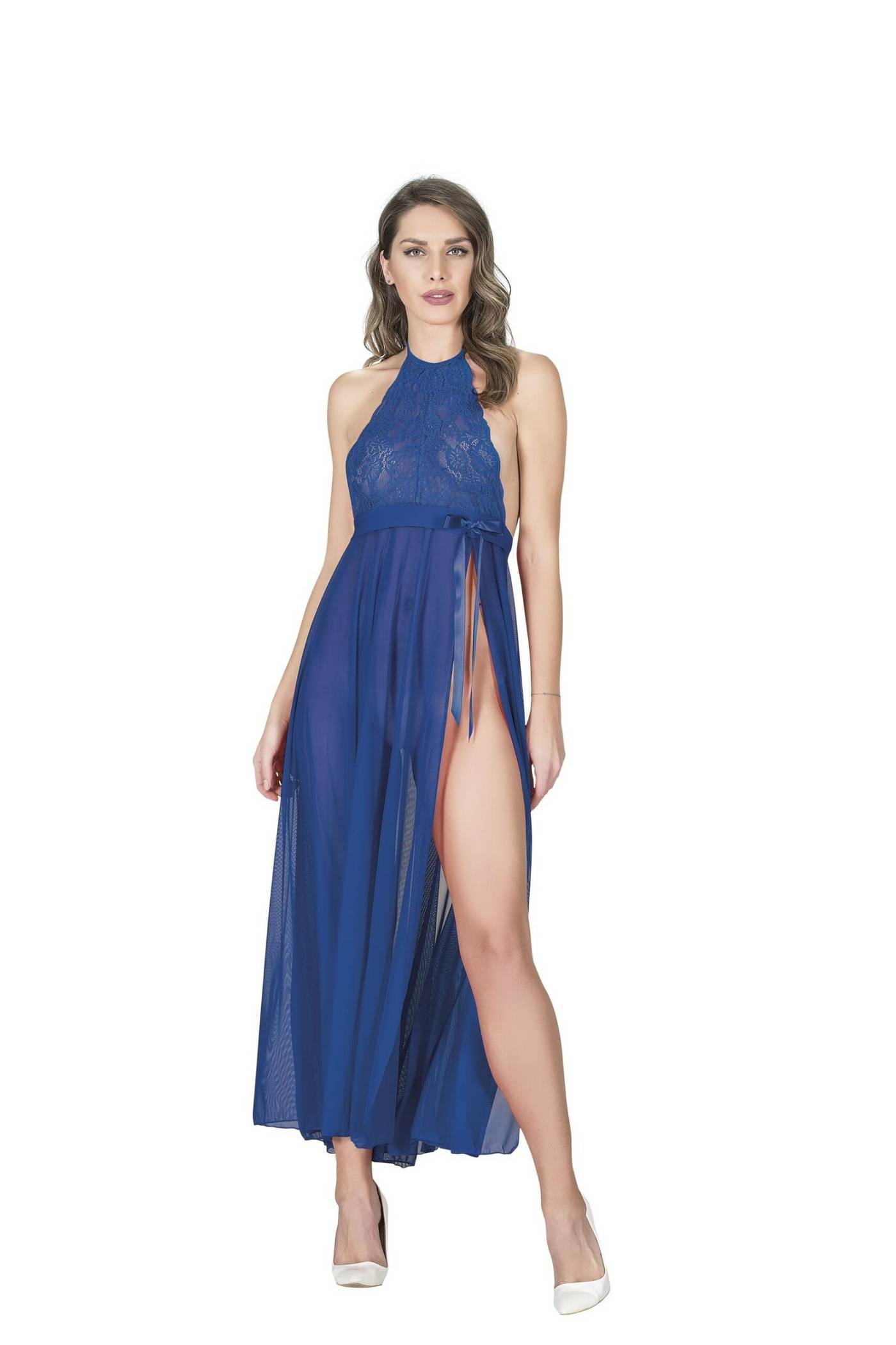 Dantelli Yırtmaç Detaylı Gecelik Tül Sistina 058 - Mavi