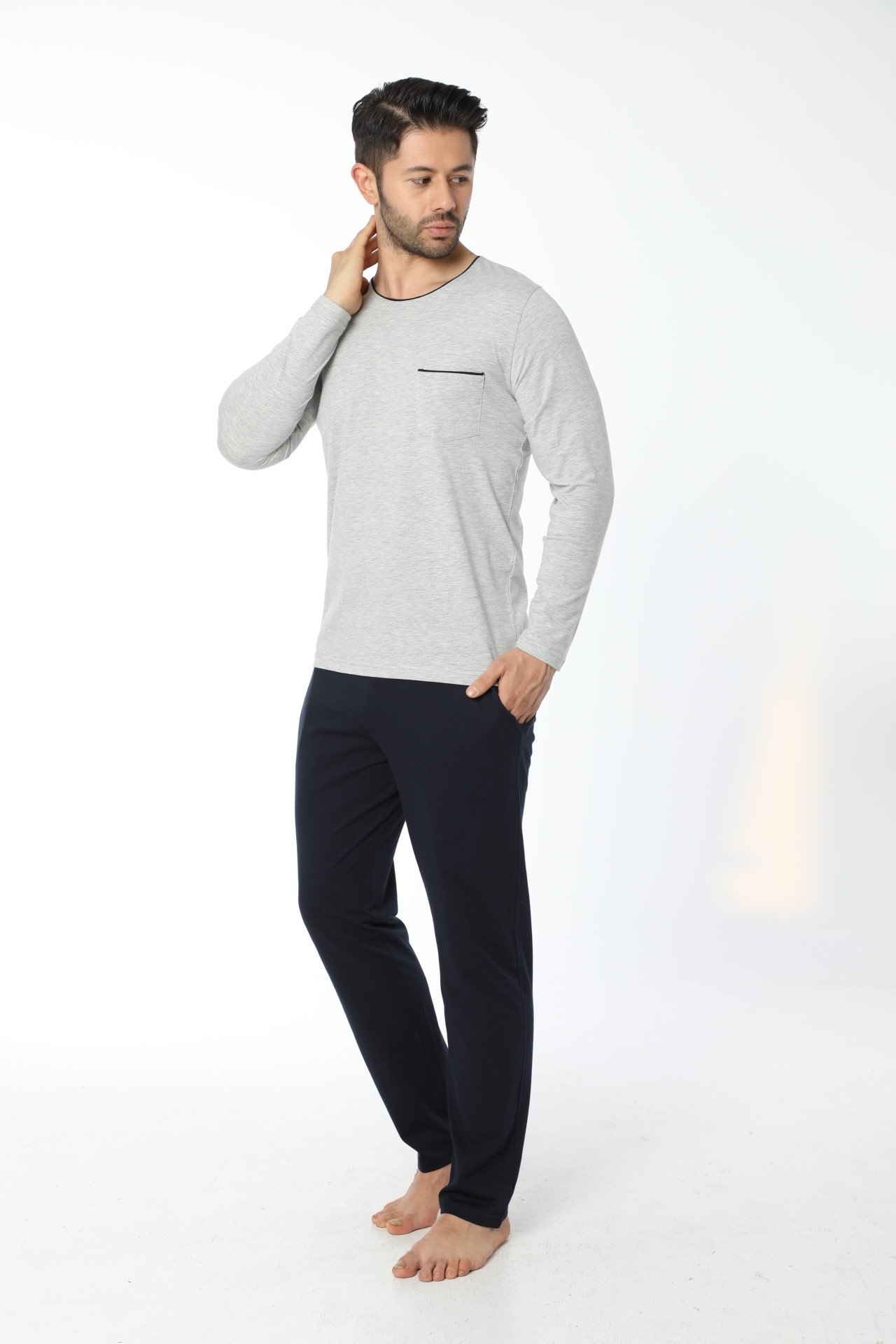 Gri Melanj Uzun Kollu Erkek Pijama Takımı Öztaş 12054 - Gri Melanj