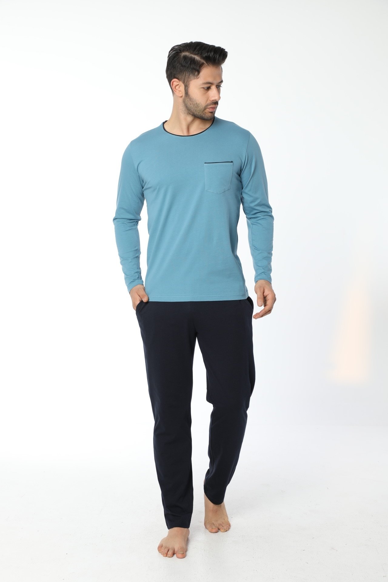 Uzun Kollu Bisiklet Yaka Pijama Takımı Mavi-Lacivert Öztaş 12055 - Mavi-Lacivert