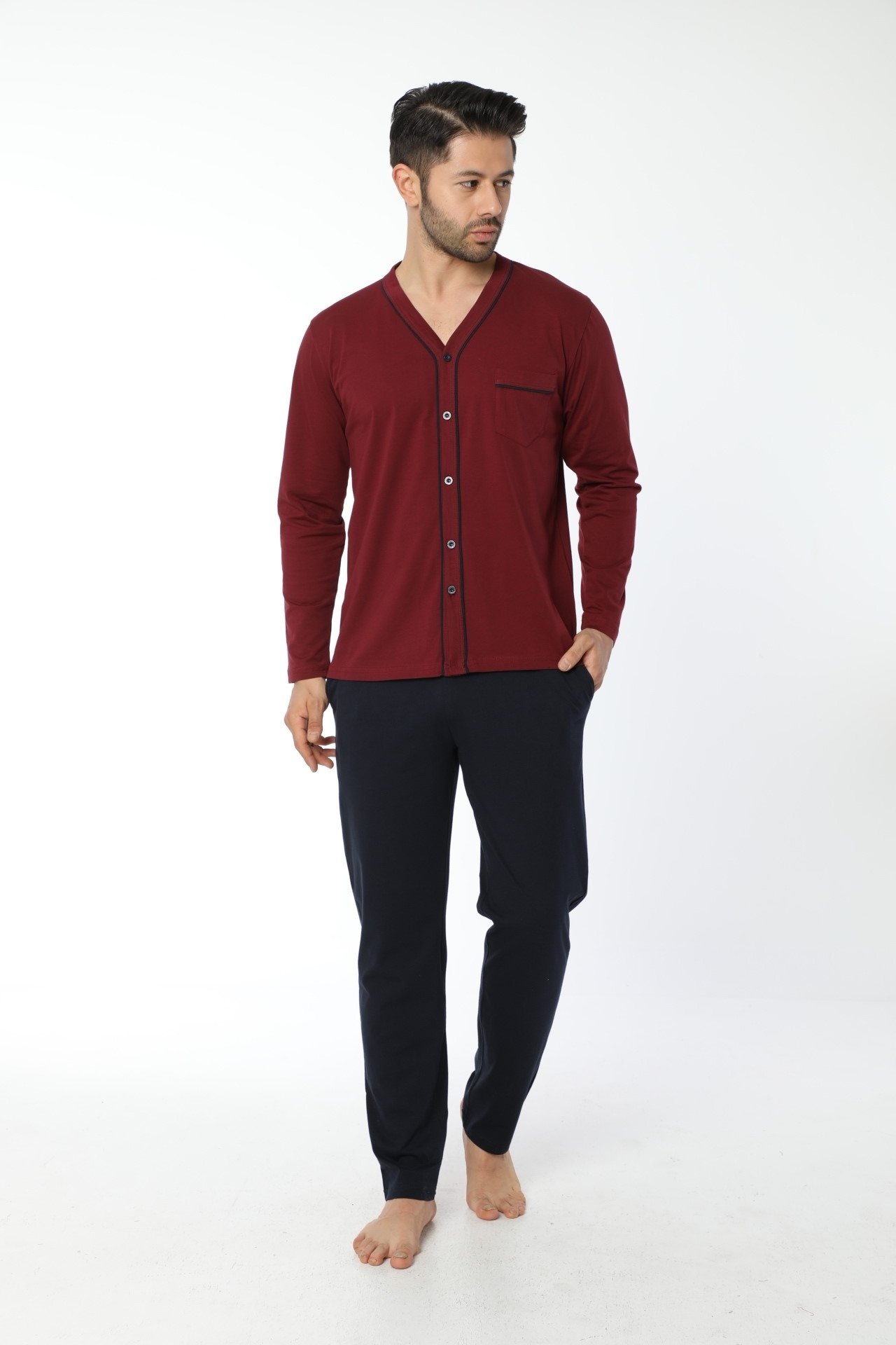 Uzun Kollu Düğmeli Erkek Pijama Takımı Öztaş 12032 - Bordo
