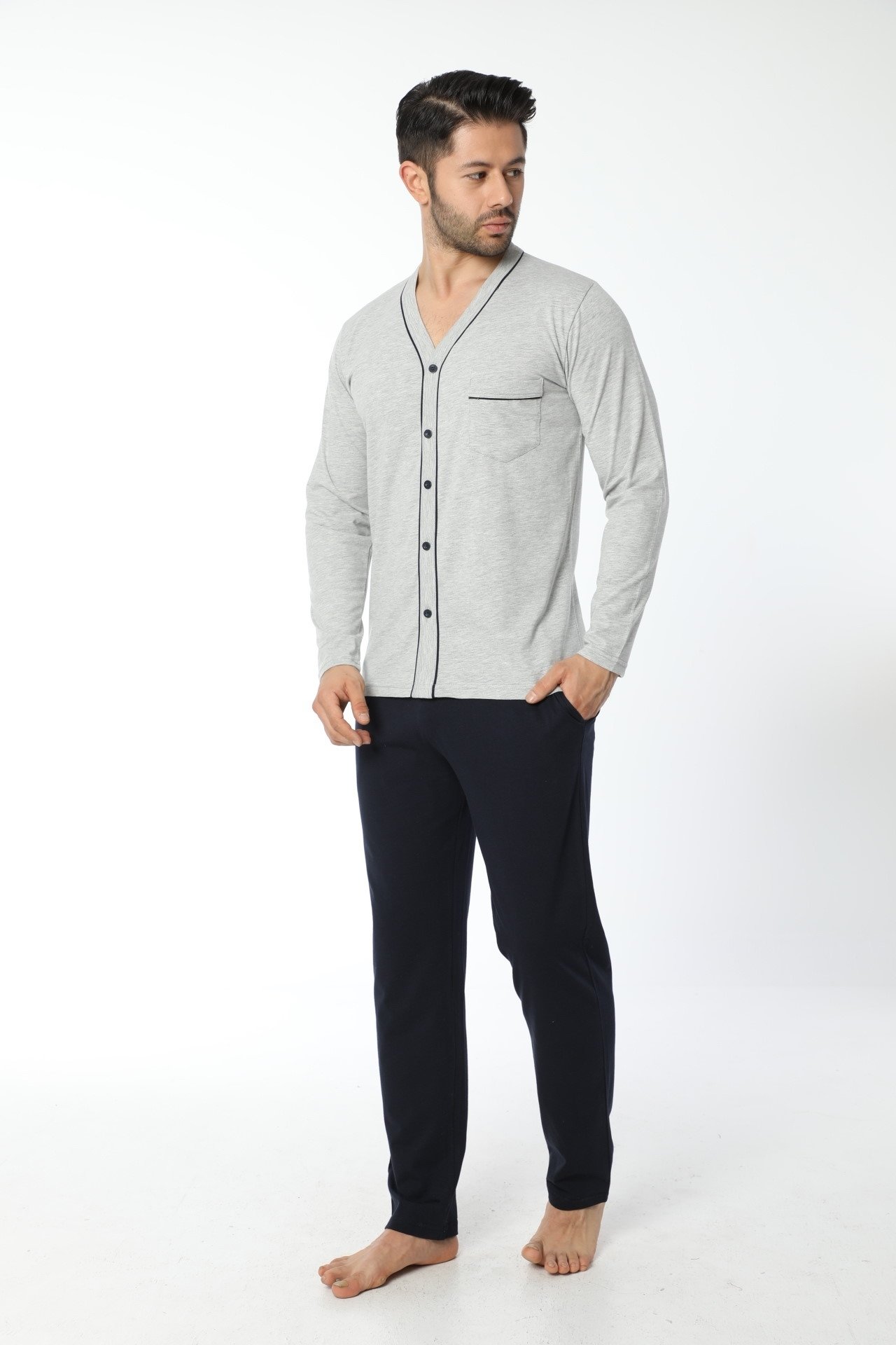 Düğmeli Uzun Kollu Pijama Takımı Gri Melanj Öztaş 12034 - Gri Melanj