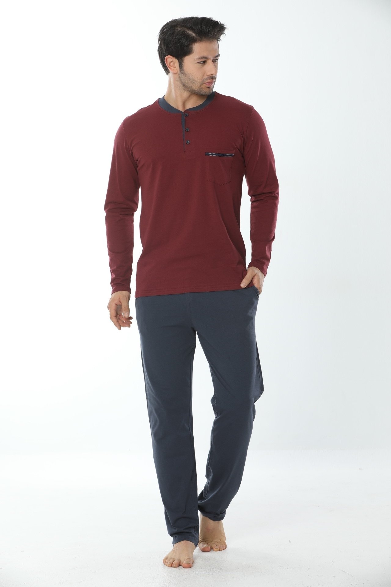 Uzun Kollu Bordo-Lacivert Patlı Pijama Takımı Öztaş 12001 - Bordo-Lacivert