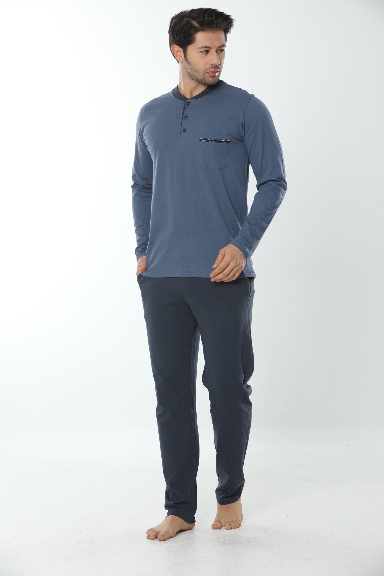 Uzun Kollu Pijama Takımı İndigo Penye Öztaş 12002 - İndigo