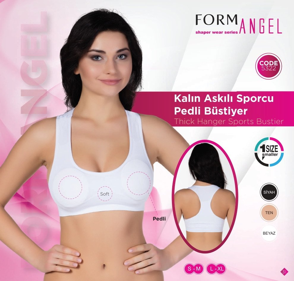 Kalın Askılı Pedli Sporcu Büstiyer Siyah Form Angel 5322 - Beyaz