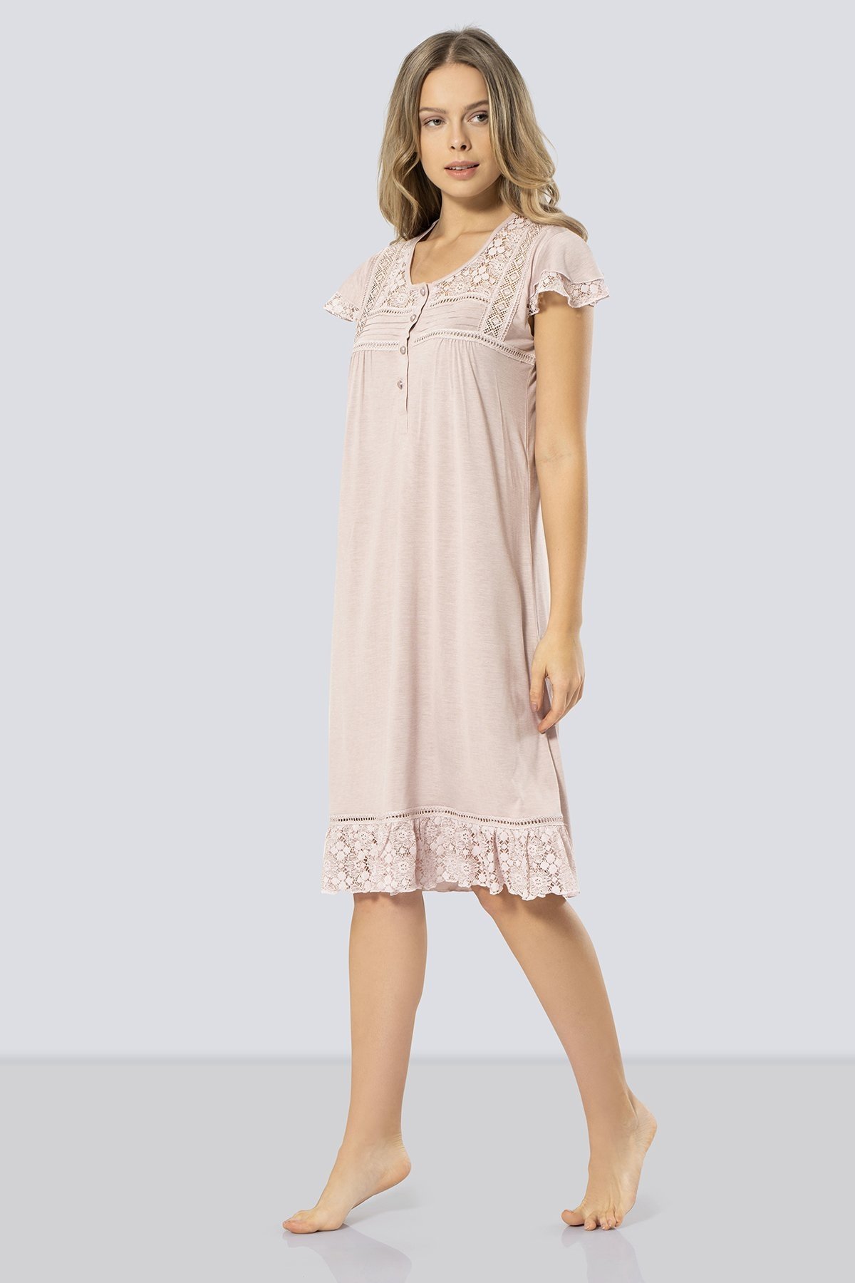 Yumuşak Viskon ve Polyester Kadın Gecelik Türen 3284 - Pudra