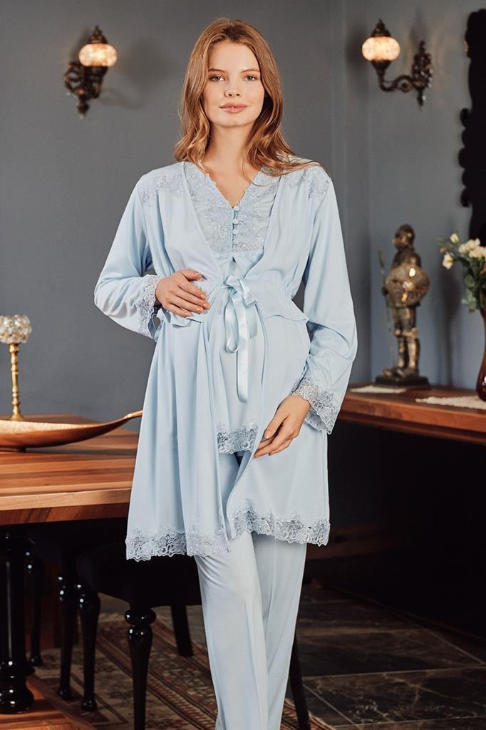 Bone Club Hamile Lohusa 3 Lü Pijama Sabahlık Takım Bone Club 5104 - Görsel 4