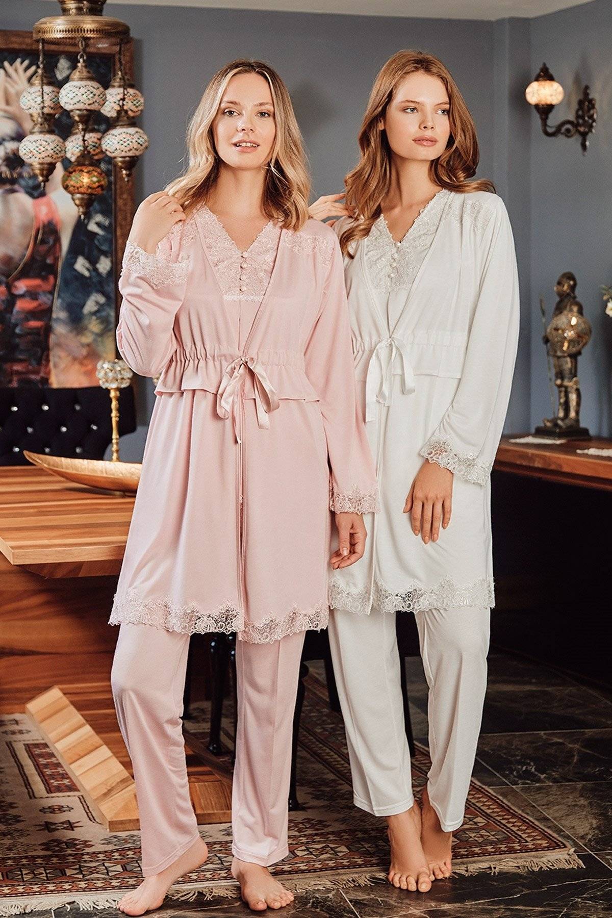 Hamile Lohusa 3 Lü Pijama Sabahlık Takım Bone Club 5104 - Pudra