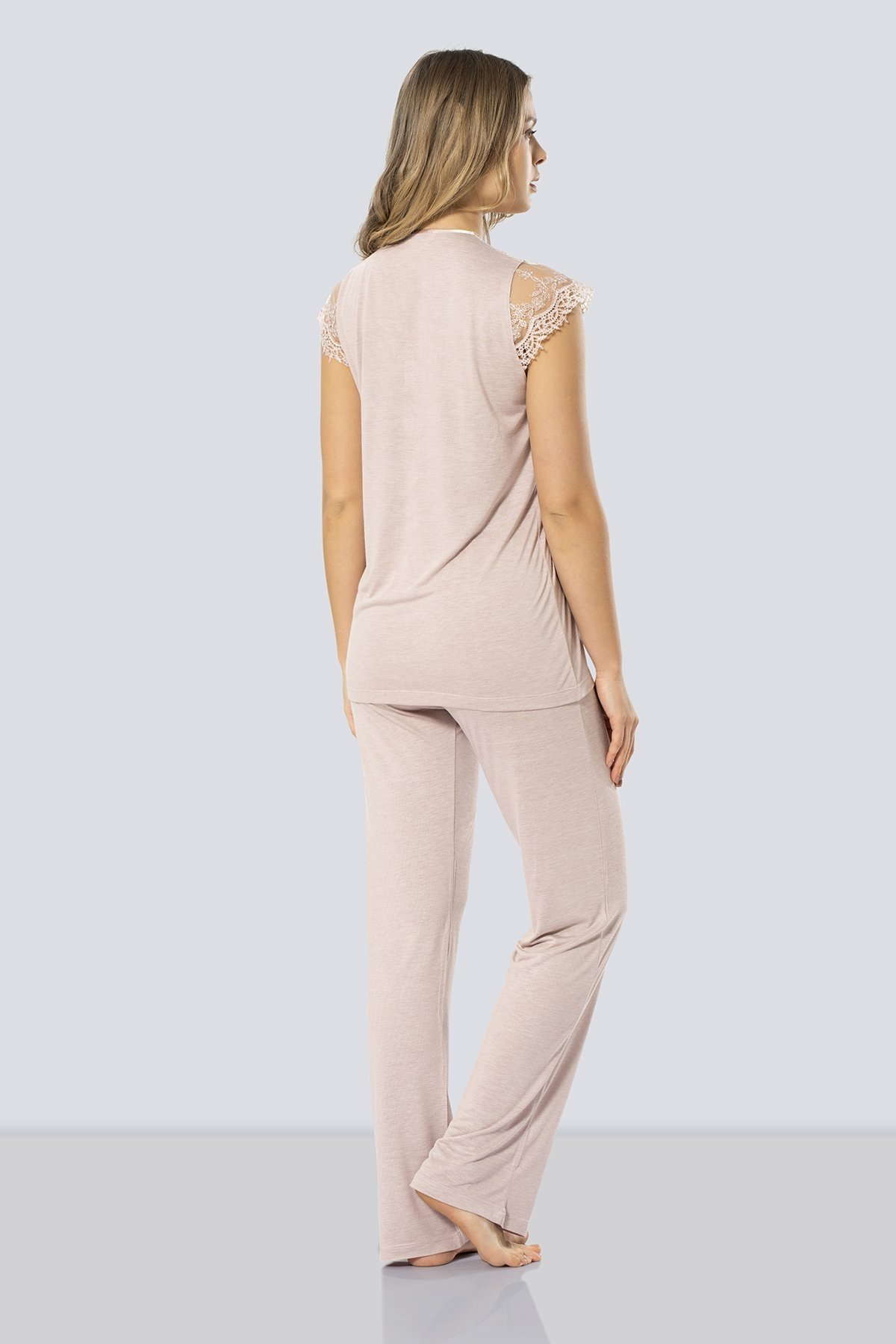 Esnek Bel Bandı Emzirme Açıklığı Hamile Pijama Takımı Türen 3294 - Pudra