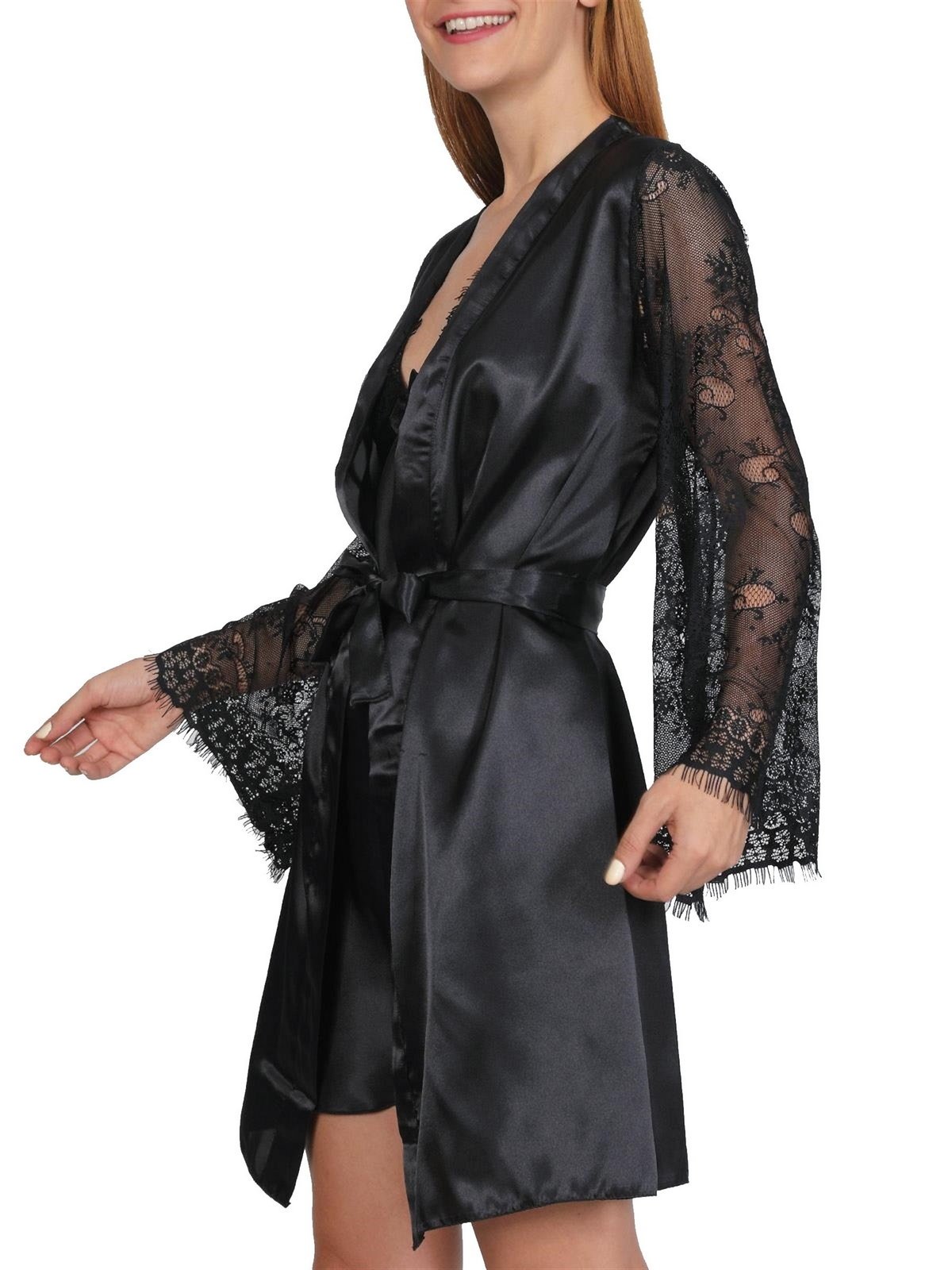 Saten Dantel Detaylı Gecelik Sabahlık Takım NBB 3304 - Siyah