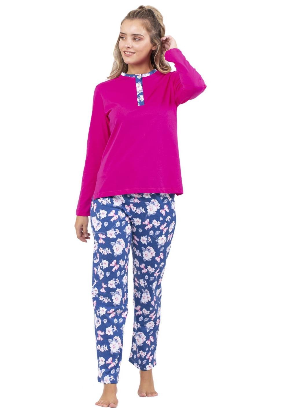 Pamuklu Patlı Pijama Takımı Çift Kaplan 7727 - Fuşya