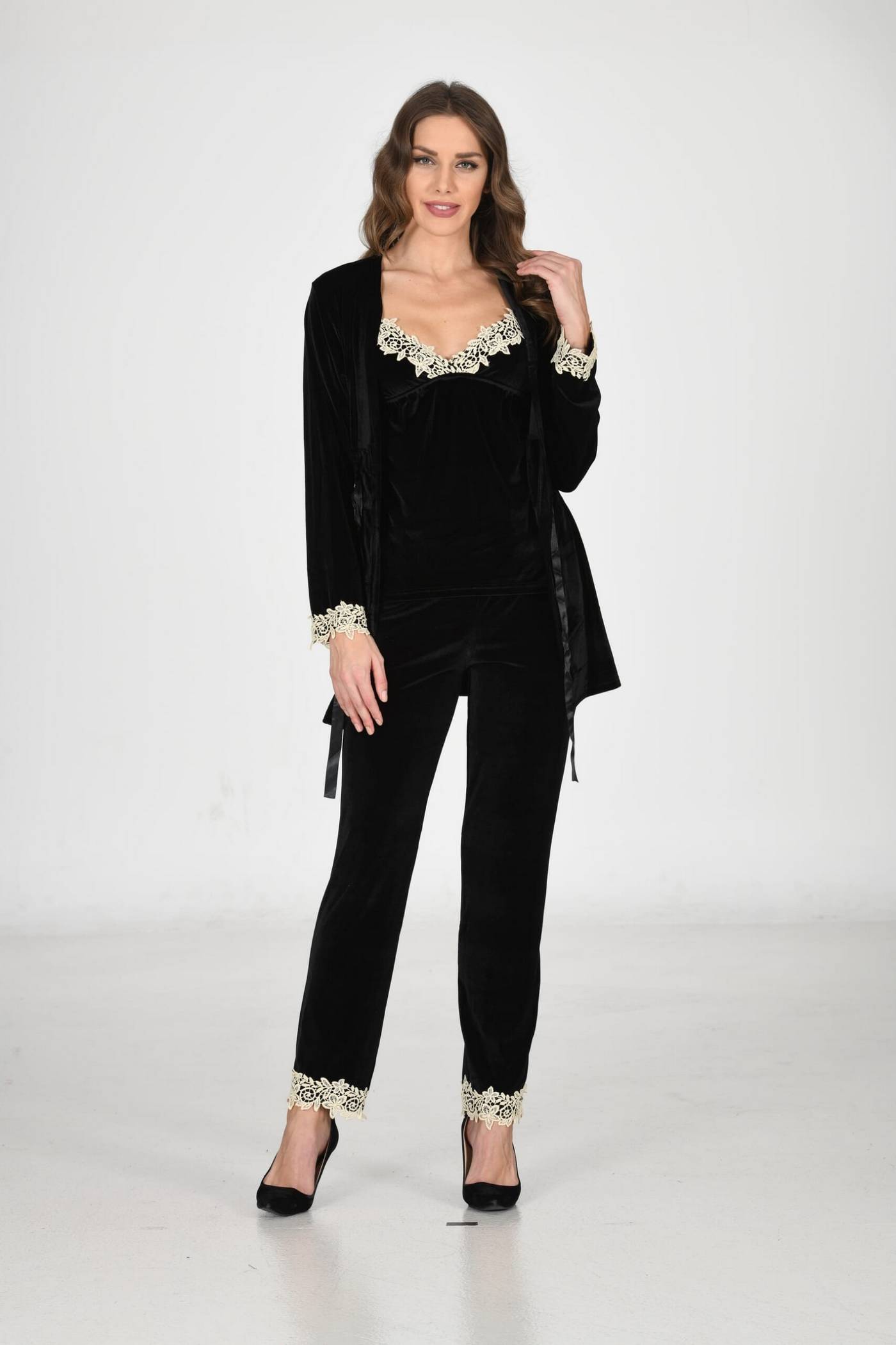 Kadife Uzun Sabahlık Takım Siyah Sistina 1441 - Siyah