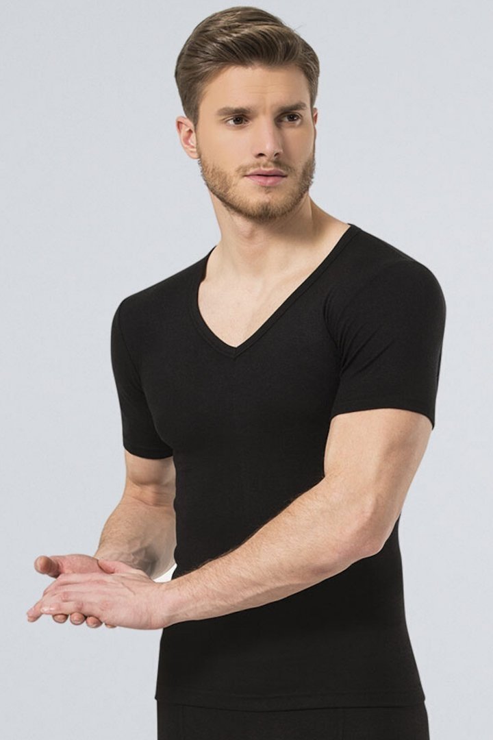 Termal İç Yüzey Fırçalı V Yaka Kısa Kol T-shirt Türen 191 - Siyah