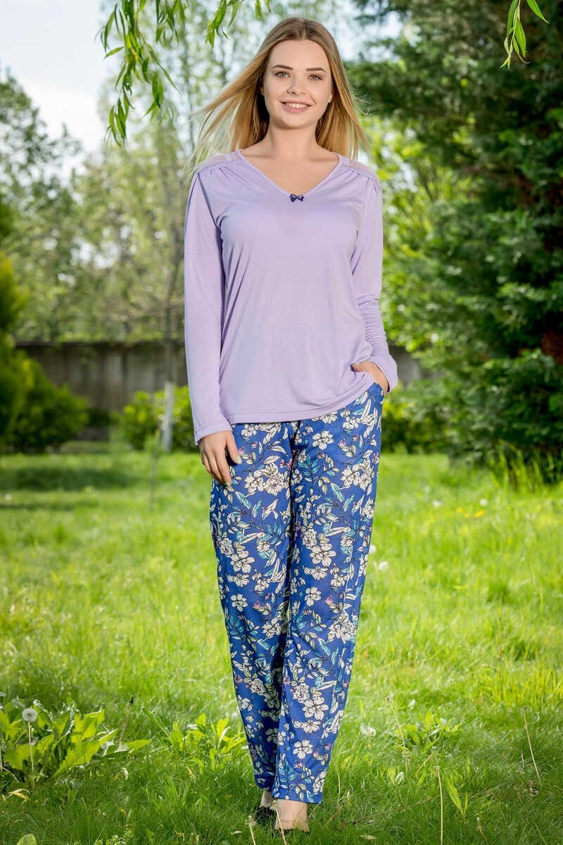 Yeni İnci V Yaka Çiçek Desenli Viskon Kadın Pijama Takımı Yeni İnci 1652