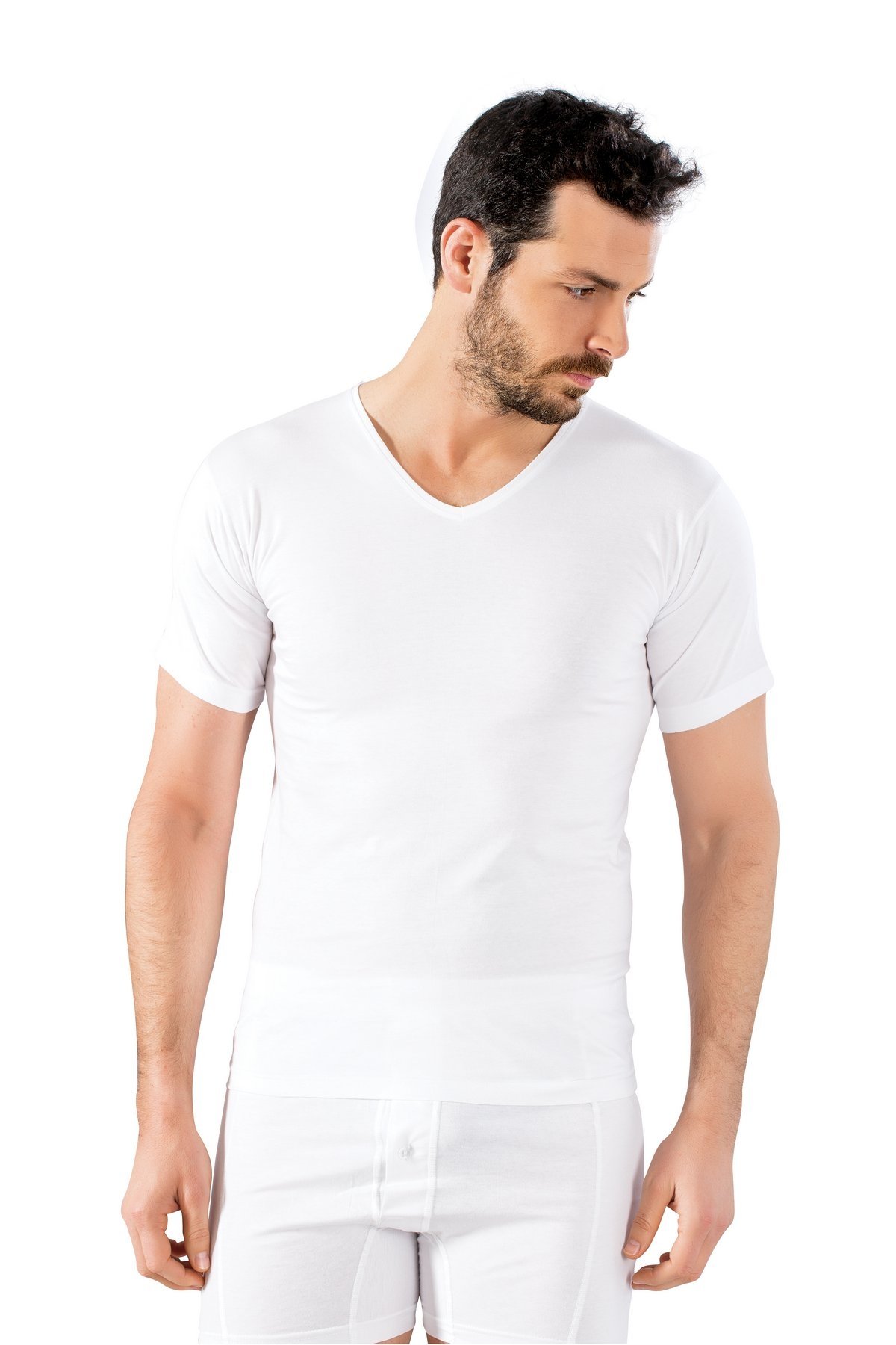 Pamuklu V Yaka Erkek Atlet Siyah Lüx DRM 203 - Beyaz