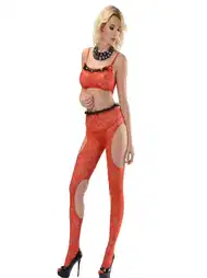 Kırmızı File Detaylı Vücut Çorabı Sistina 1028