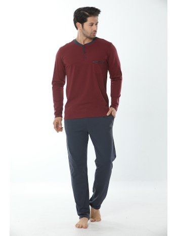 Uzun Kollu Bordo-Lacivert Patlı Pijama Takımı Öztaş 12001