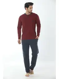 Uzun Kollu Bordo-Lacivert Patlı Pijama Takımı Öztaş 12001