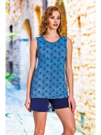 Mavi Yıldız Desenli Kalın Askılı Tunik Şort Takımı Lady 7386
