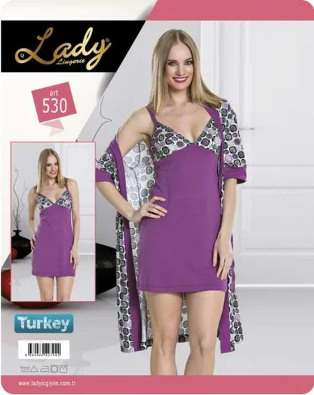 Uzun Kuşaklı Pamuk Sabahlık Seti Lady 530 - Görsel