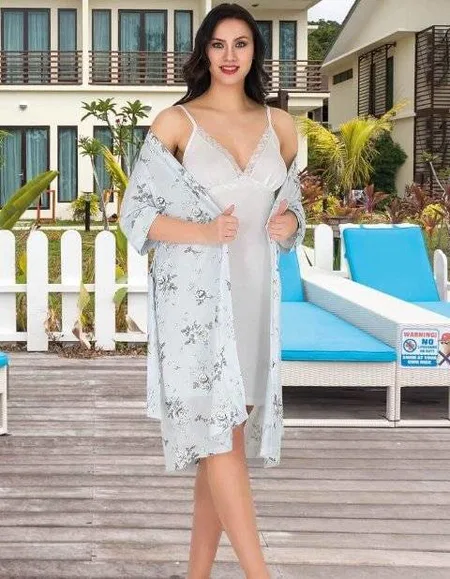 Uzun Kuşaklı Pamuklu Askılı Gecelik ve Sabahlık Takım Lady 562