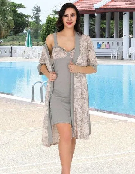 Lady Çiçekli Desenli Askılı Gecelik ve Sabahlık Takım Lady 563
