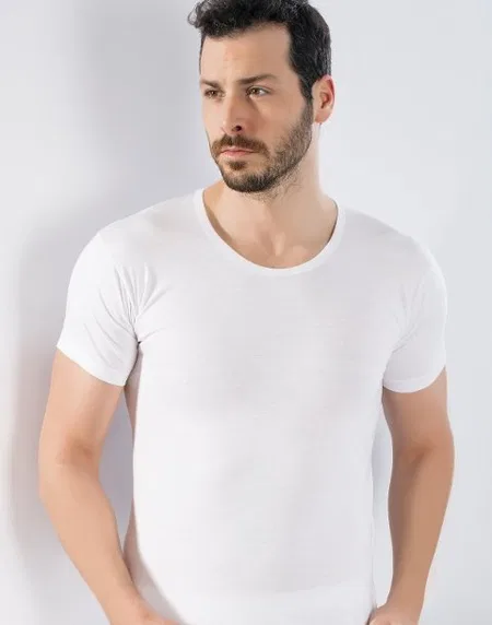 Pamuklu Elastan Bisiklet Yaka Erkek Atlet Lüx DRM 150 - Beyaz