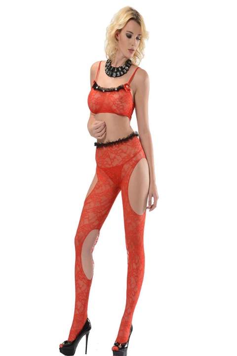 Kırmızı File Detaylı Vücut Çorabı Sistina 1028 - Kırmızı