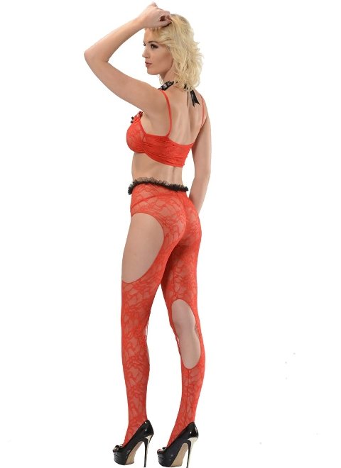 Kırmızı File Detaylı Vücut Çorabı Sistina 1028 - 2