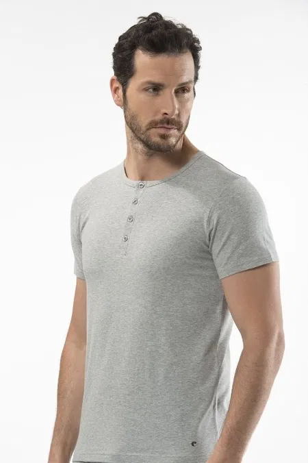 Pamuklu Düğmeli Kısa Kollu T-shirt Cacharel 1308 - Gri
