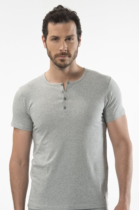 Pamuklu Düğmeli Kısa Kollu T-shirt Cacharel 1308 - Gri