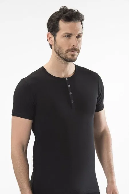 Düğmeli Kısa Kollu T-Shirt Siyah Cacharel 1308 - Siyah