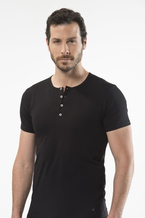 Düğmeli Kısa Kollu T-Shirt Siyah Cacharel 1308 - 2