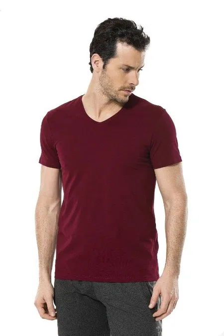 Yıkama dayanıklı V Yaka Likralı T-shirt Cacharel 1332 - Bordo