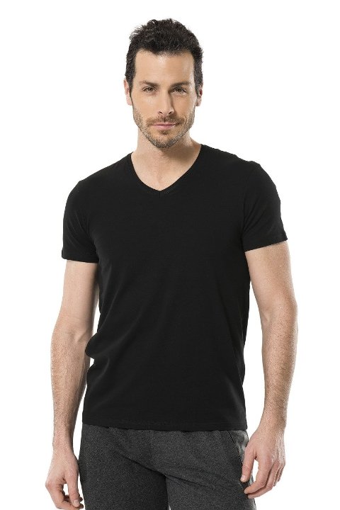 Likralı V Yaka Erkek Atlet Siyah Cacharel 1332