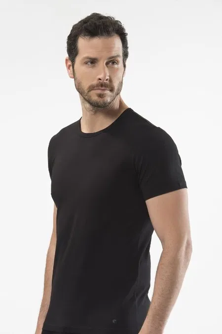 Pamuklu Ribana O Yaka Kısa Kollu T-Shirt Cacharel 1305 - Siyah
