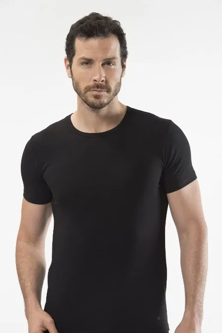 Pamuklu Ribana O Yaka Kısa Kollu T-Shirt Cacharel 1305 - Siyah