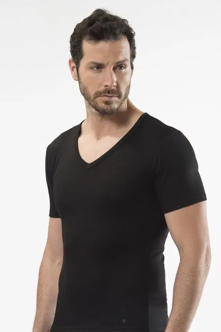 Termal Kısa Kol V Yaka Siyah T-Shirt Cacharel 1602 - Siyah
