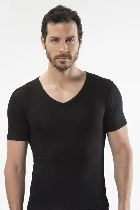 Termal Kısa Kol V Yaka Siyah T-Shirt Cacharel 1602 - Siyah