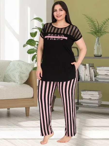 Çizgili Pamuklu Büyük Beden Pijama Takımı Lady 10772