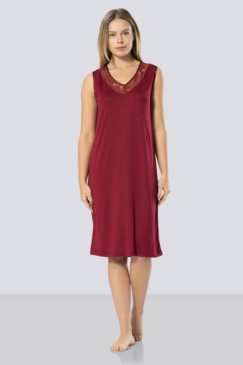 Dantelli V Yaka Gecelik Bordo Türen 3285