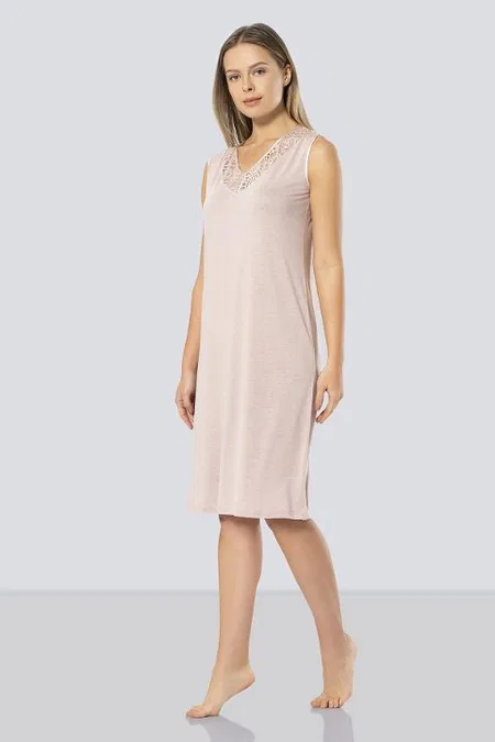 Dantelli V Yaka Gecelik Viskon Polyester Türen 3285 - Pudra