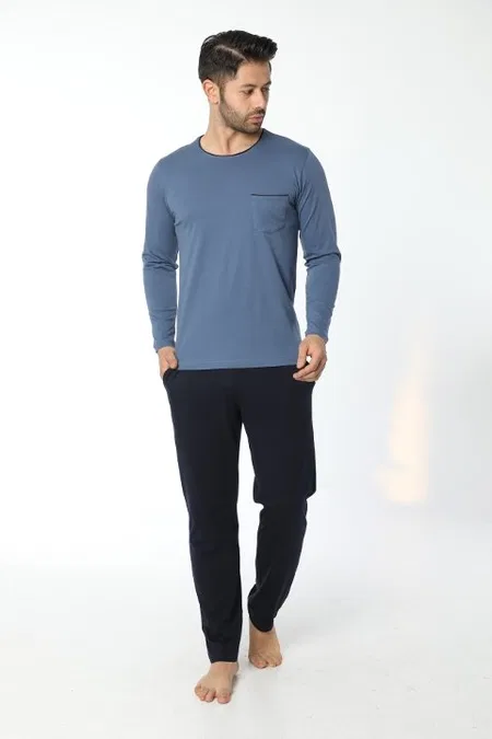 Bisiklet Yaka Uzun Kollu Pijama Takımı İndigo Öztaş 12053 - İndigo