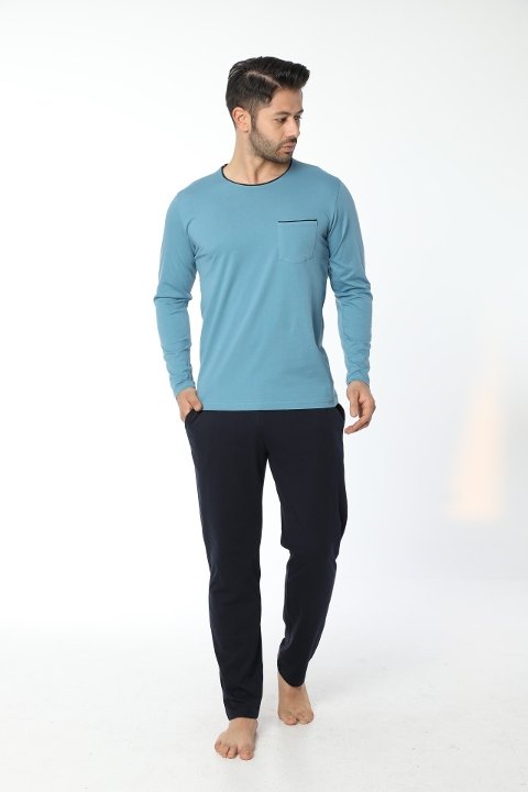 Uzun Kollu Bisiklet Yaka Pijama Takımı Mavi-Lacivert Öztaş 12055