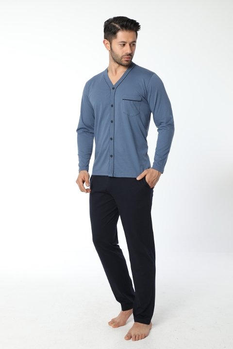 Düğmeli Uzun Kollu Pijama Takımı İndigo Öztaş 12033 - İndigo